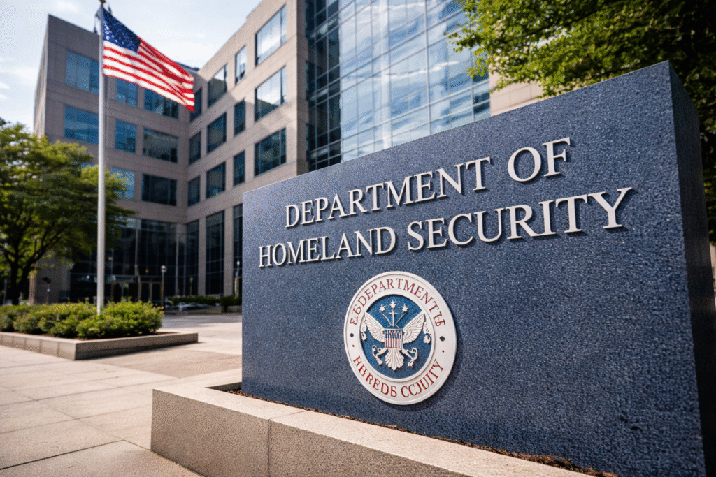 Exterior of the U.S. Department of Homeland Security headquarters with an American flag, symbolizing the partial government shutdown after funding negotiations failed.