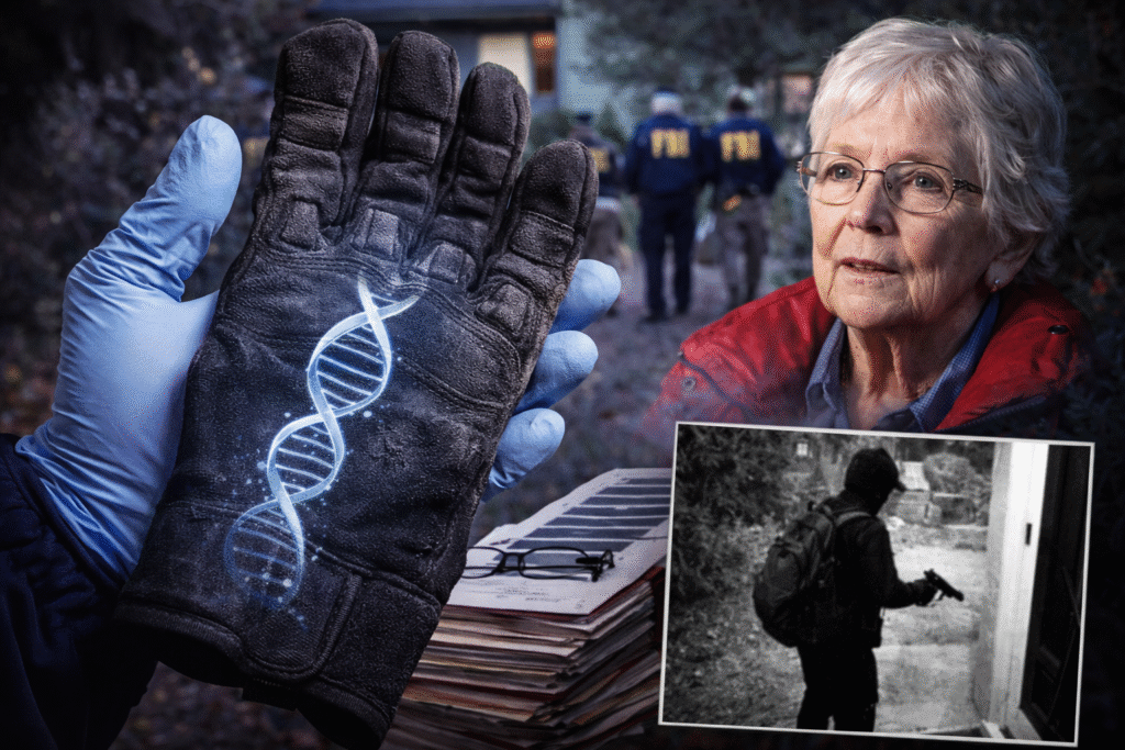 Composite news-style image showing a black glove with a DNA graphic, FBI agents searching a wooded residential area, an elderly woman, and a surveillance image of a masked suspect approaching a home.