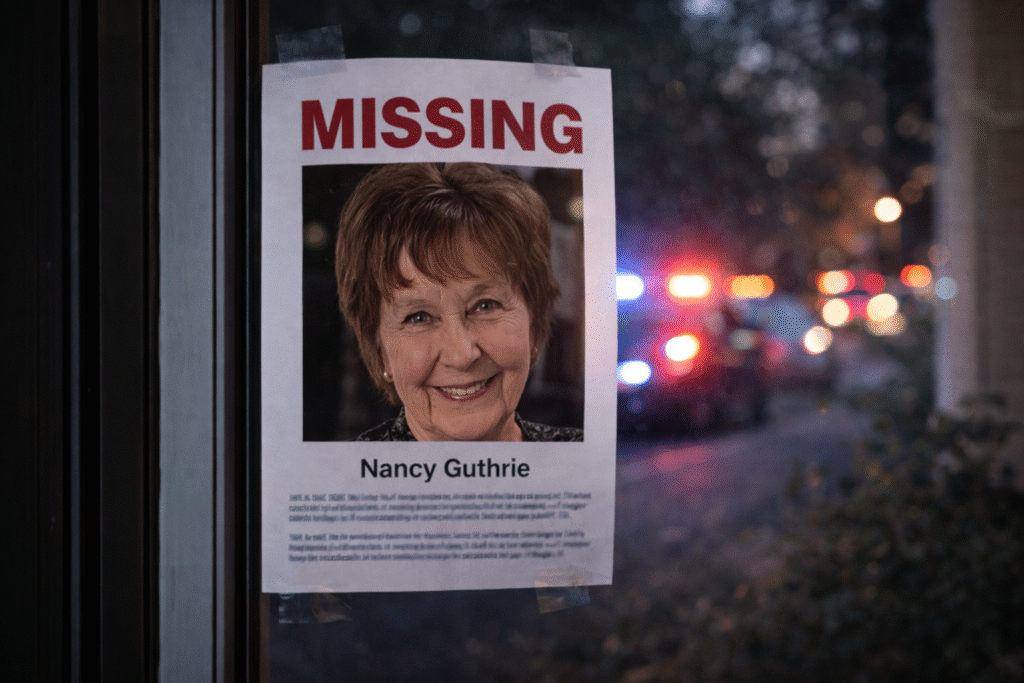 Missing person poster featuring Nancy Guthrie with her photograph and name, taped to a glass surface at dusk, with blurred police lights and a roadway visible in the background.