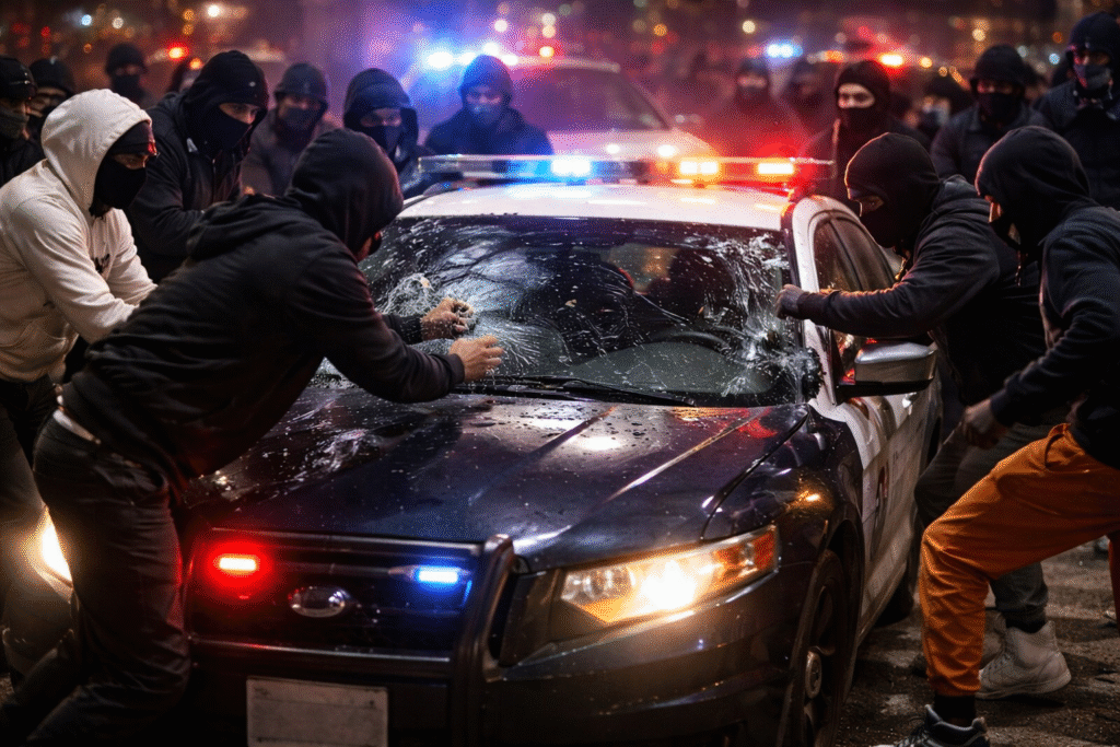 Photo-style image of masked individuals surrounding a police cruiser at night during a chaotic street takeover, with flashing lights visible and police vehicles showing damage.