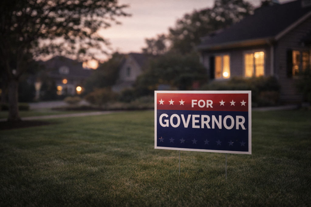 A calm suburban front yard at dusk with a gubernatorial campaign sign on the lawn, representing a candidate who has paused their campaign amid family tragedy.