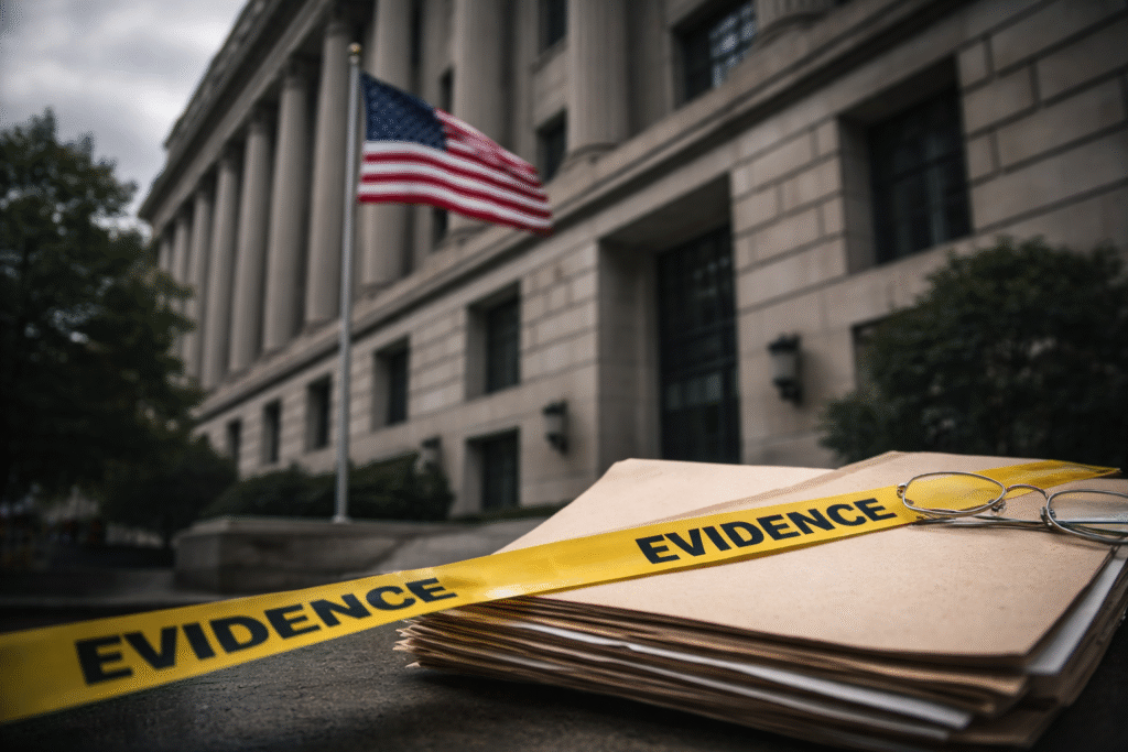 Exterior of a federal law enforcement building with an American flag and symbolic manila folders and evidence tape representing scrutiny of the FBI’s investigation.