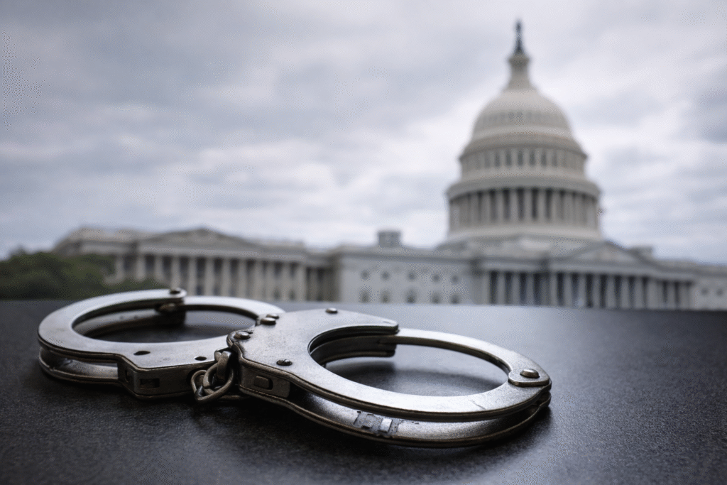 Handcuffs resting on a tabletop with a blurred U.S. Capitol building in the background symbolizing the political debate over immigration and public safety.