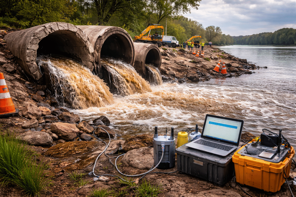 Large cracked sewer pipe spill releasing wastewater into a riverbank area with environmental monitoring gear and emergency assessment scene.