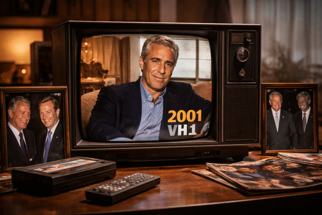 A still-style photo of a vintage TV set playing a 2001 VH1 show featuring Jeffrey Epstein in a studio setting, surrounded by images of associated public figures, illustrating the historical media segment.