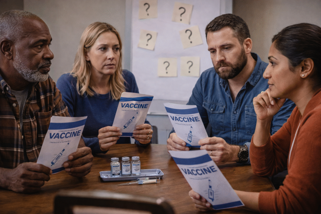 A community discussion setting with diverse adults around a table holding vaccine information, representing varied viewpoints in public vaccine discourse.