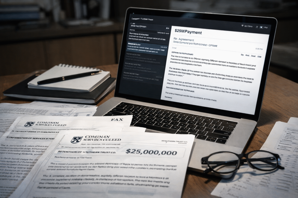 Photo-style image of printed financial documents and a laptop displaying email text on a desk, symbolizing investigative review of Jeffrey Epstein’s $25 million email and settlement records.