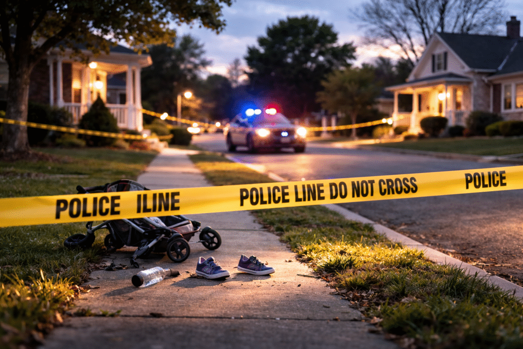 Suburban Michigan street with police tape and cruiser lights in background, representing a family shooting incident investigation.