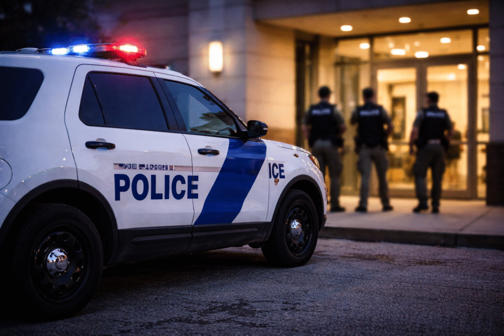 Law enforcement vehicle parked outside an official building at dusk, symbolizing a federal arrest operation by immigration authorities and police.