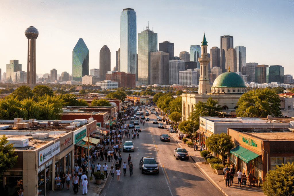 Photo of the Dallas skyline with a mix of neighbourhood streets and city buildings, illustrating the Dallas-Fort Worth region in the context of local demographic change and political discussion.