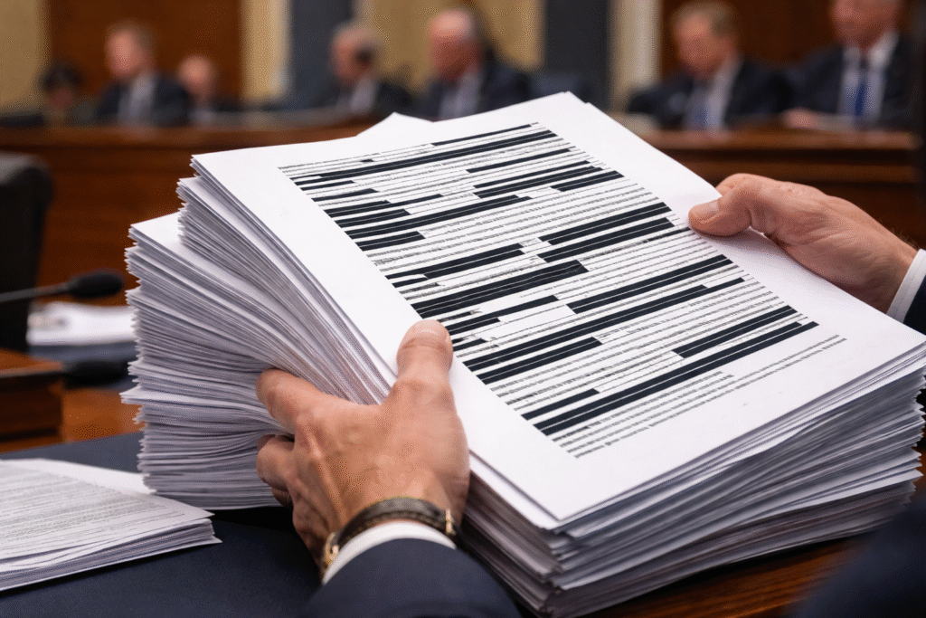 Photo of hands holding a thick stack of printed, redacted legal documents in a hearing room setting.