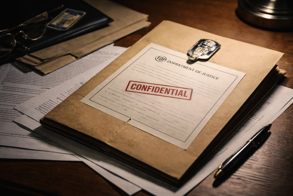 A closed federal case file folder on a desk with legal papers and a pen under low light, symbolizing legal secrecy and halted whistleblower cooperation in the Epstein case.