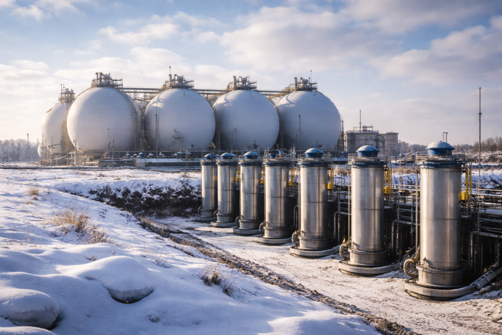 European natural gas storage facility in winter, with large white LNG tanks and connected pipelines surrounded by snow, representing reduced gas reserves across Europe.