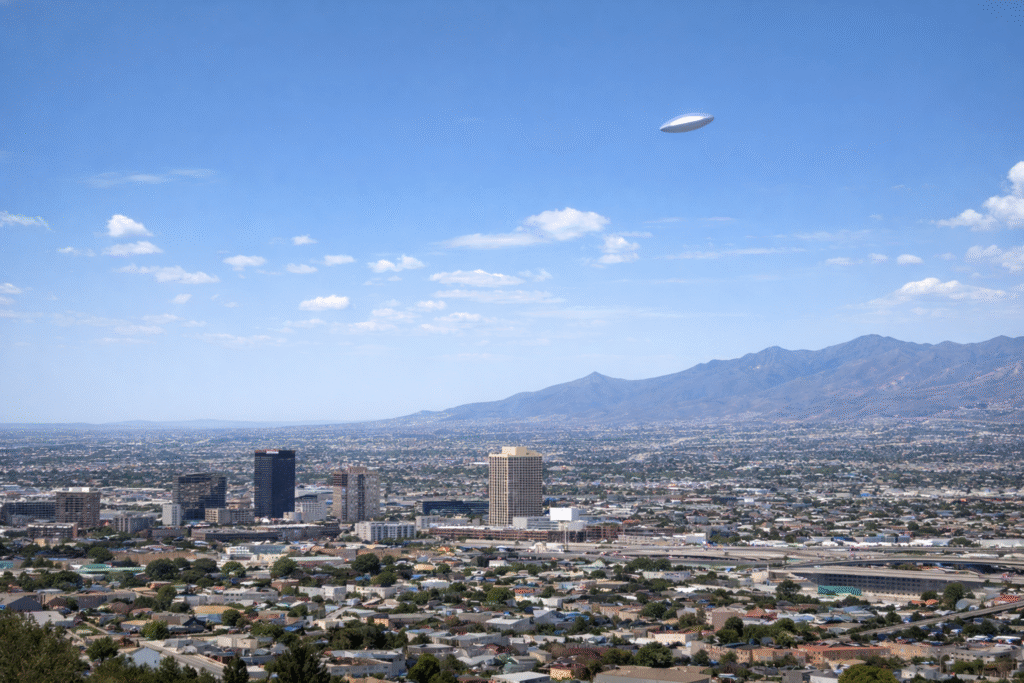 Daytime view of El Paso, Texas, with a smooth white unidentified object hovering in the clear blue sky above the city and surrounding mountains.
