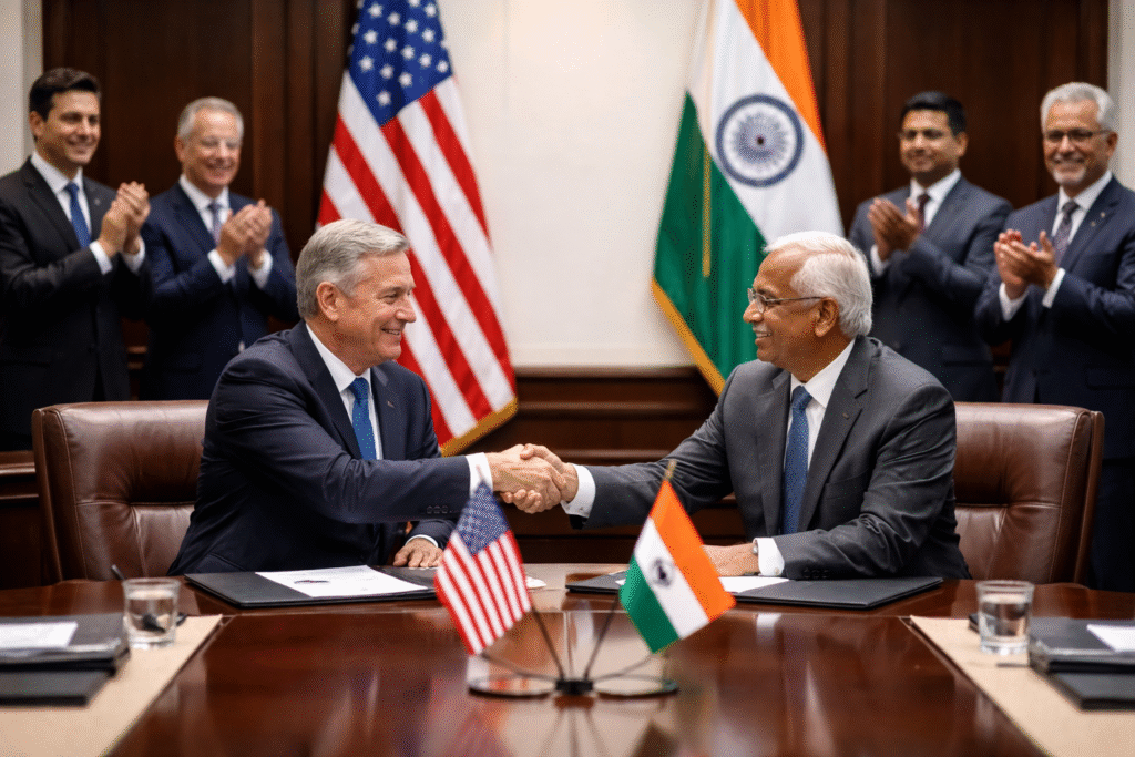 U.S. and Indian flags displayed in a formal conference room during a diplomatic meeting symbolizing a bilateral trade agreement.