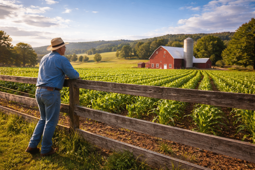A Pennsylvania farm with fields and a red barn under blue sky, showing an elderly farmer walking along a fence in a rural landscape.
