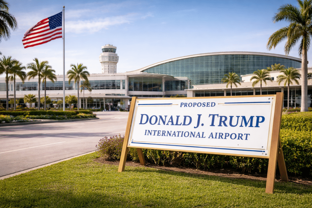 Palm Beach International Airport terminal with a mock draft airport sign on grass in front, symbolizing the proposal to rename the airport after President Trump.