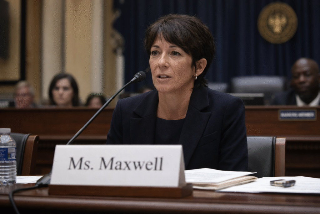 Ghislaine Maxwell seated at a congressional hearing table, speaking into a microphone during testimony before the House Oversight Committee, with committee members and hearing room visible in the background.