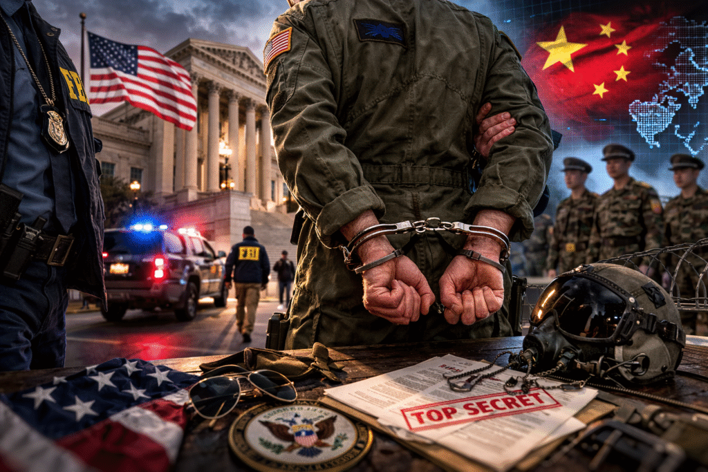Exterior of a U.S. federal courthouse with the American flag in front and a blurred law enforcement vehicle in the background, representing an arrest involving national security concerns.