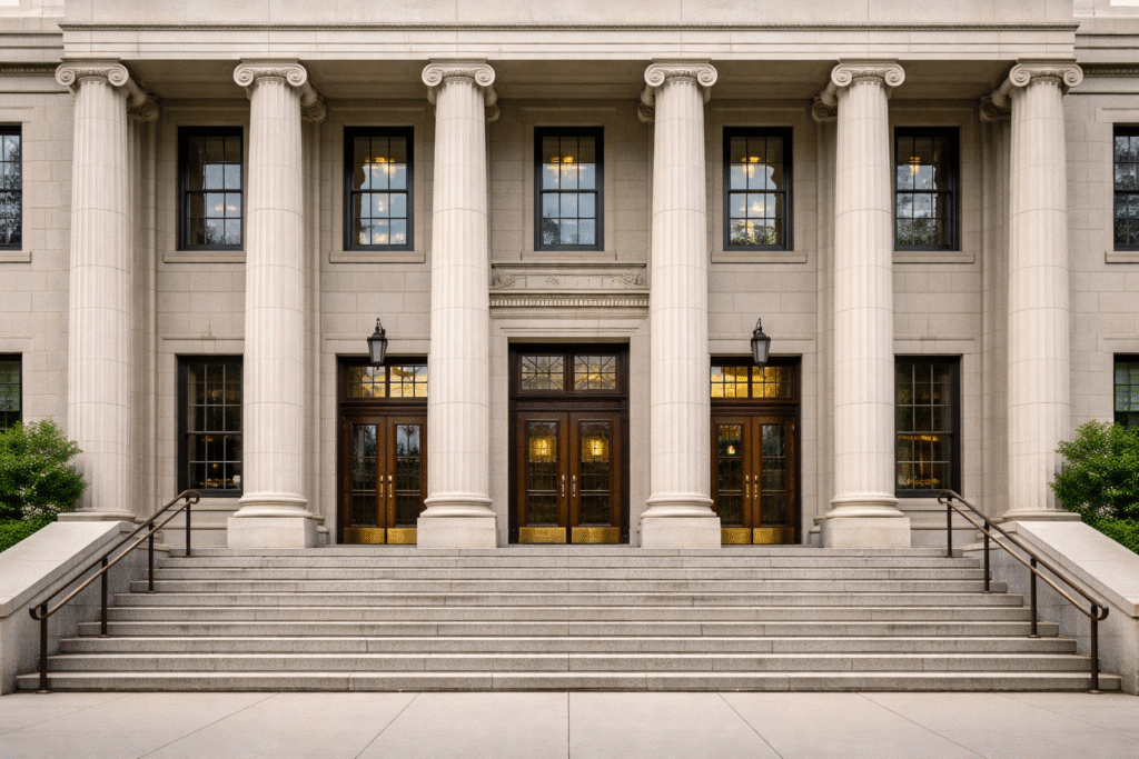 Exterior view of a county courthouse building with steps and columns, representing legal proceedings and indictment coverage.