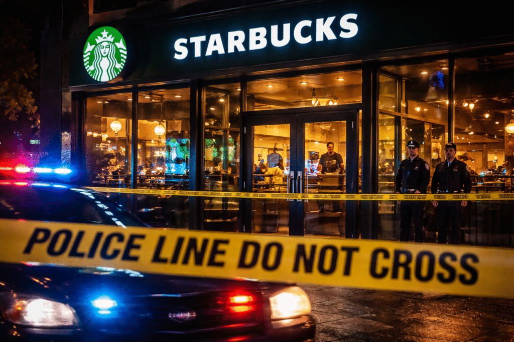 Exterior of a Starbucks coffee shop at night with police lights reflecting on the storefront and a cordoned-off entrance during an active investigation.
