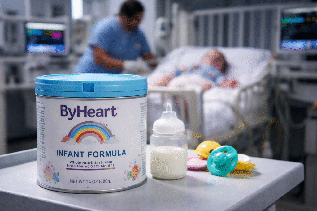 Infant formula container on a hospital table beside a baby bottle and pacifiers, with a pediatric hospital room and crib softly blurred in the background.