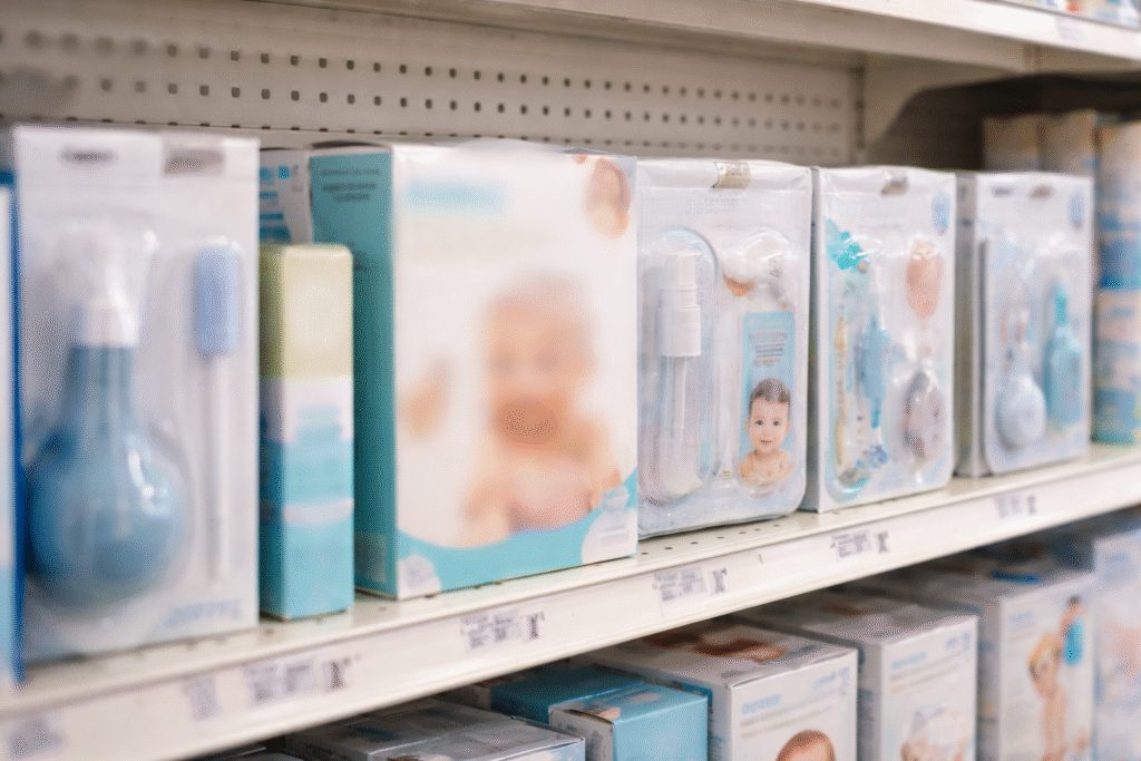 Retail shelf with various baby care products highlighting packaging design amid consumer controversy over marketing language.