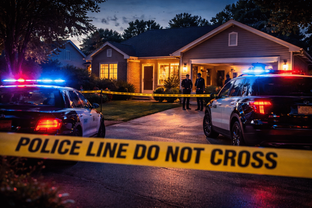Police vehicles with flashing lights outside a quiet residential property at dusk, symbolizing an active criminal investigation.