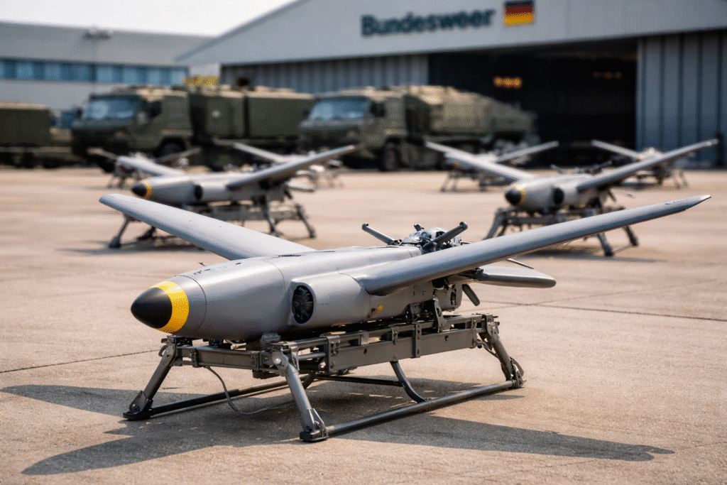 German military loitering munition drones lined up at a Bundeswehr facility as part of Germany’s new suicide drone procurement after lessons from the Ukraine war.