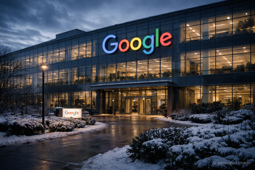 Exterior of a technology campus building at dusk with snow and secure perimeter under moody sky