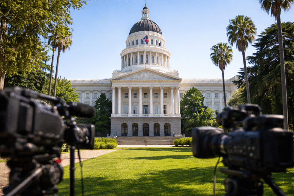 California State Capitol building with flags and news cameras on the lawn symbolizing political controversy around Gavin Newsom’s remarks.