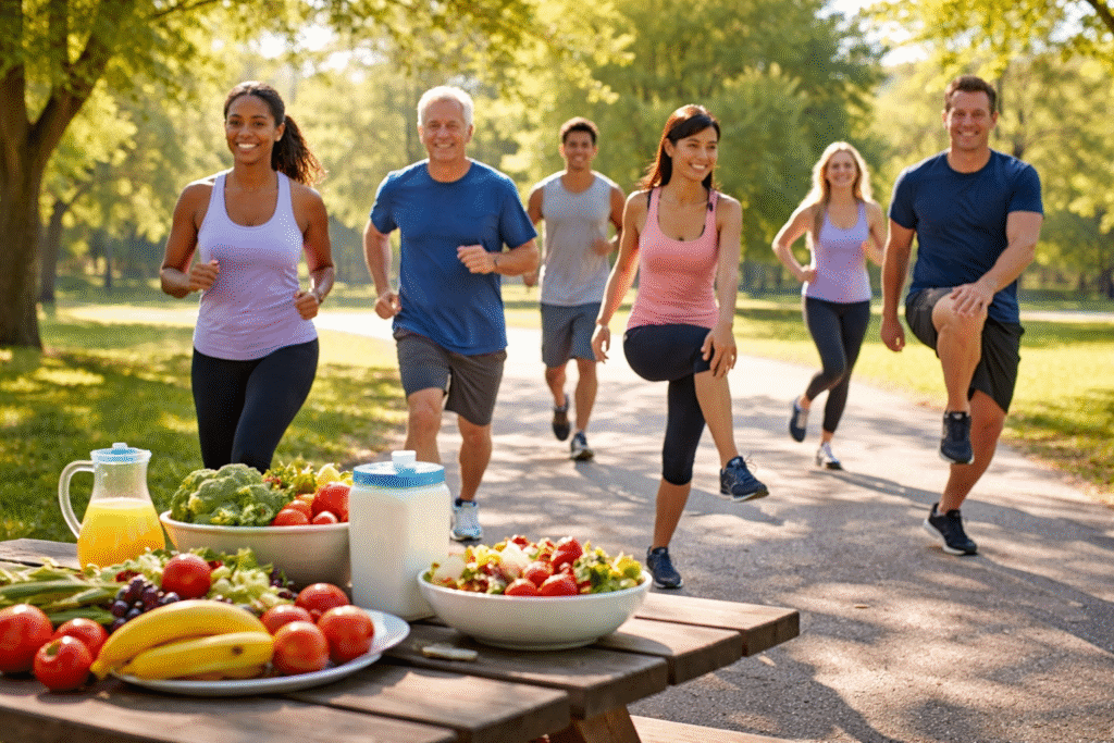 People jogging and stretching in a park with a picnic table of fresh whole foods in foreground symbolizing active lifestyle and healthy eating.