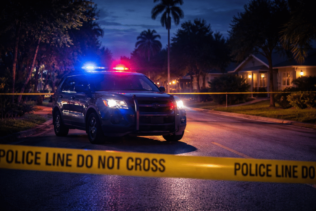 Police patrol vehicle and yellow tape blocking a suburban street, representing law enforcement response to a violent random attack.