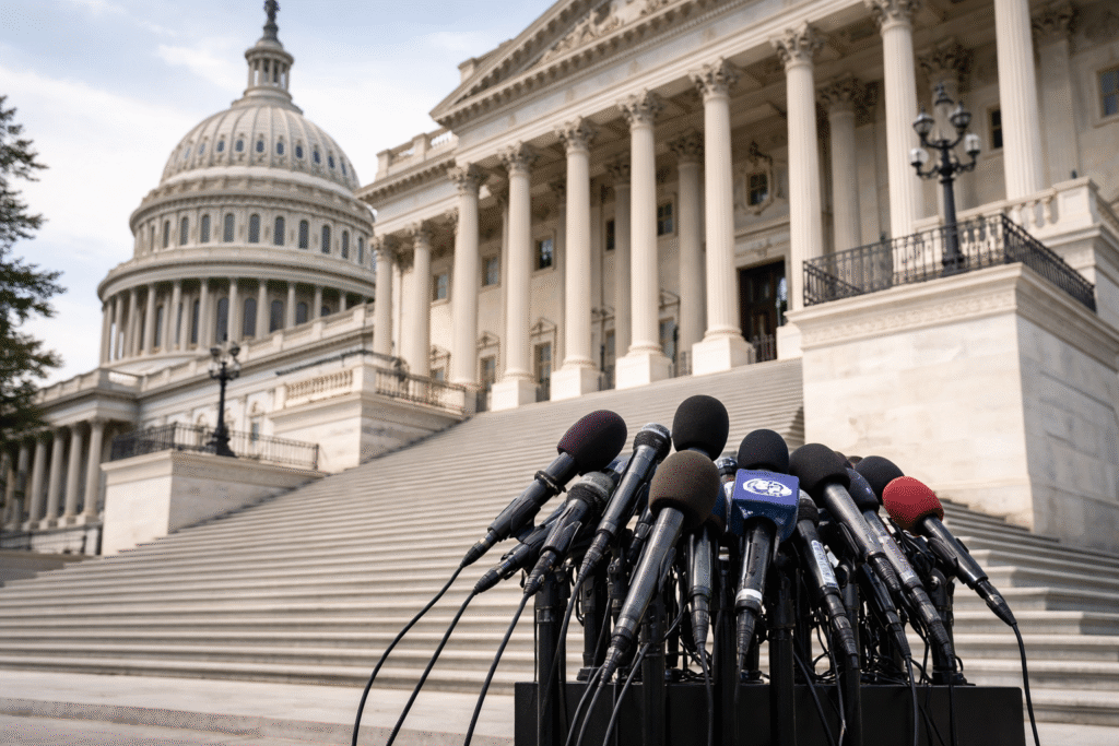 Photo of the U.S. Capitol steps with microphones set up outside a congressional hearing entrance, symbolizing Hillary Clinton’s testimony before the House Oversight Committee regarding Jeffrey Epstein.