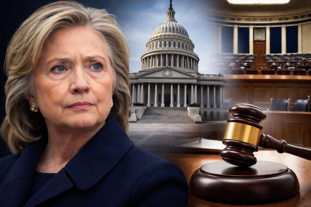 Hillary Clinton with a serious expression alongside images of the U.S. Capitol, an empty congressional hearing room, and a gavel symbolizing a House deposition proceeding.