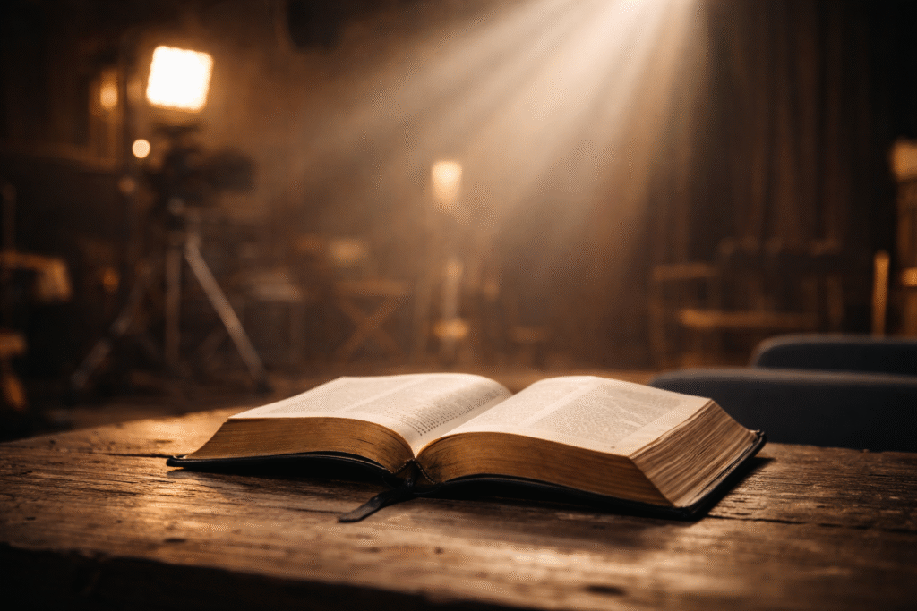 A contemplative person standing alone on an empty film set, softly lit, symbolizing reflection and spiritual transformation after completing a movie.