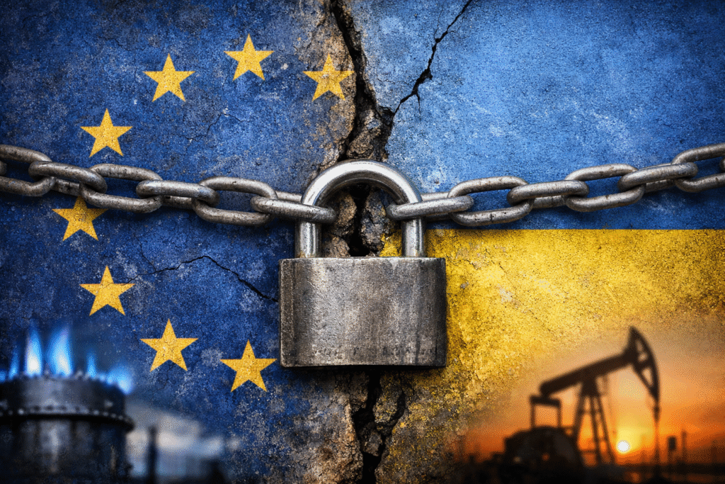 Padlock and chain across European Union and Ukraine flags symbolizing blocked EU financial support amid energy dispute.