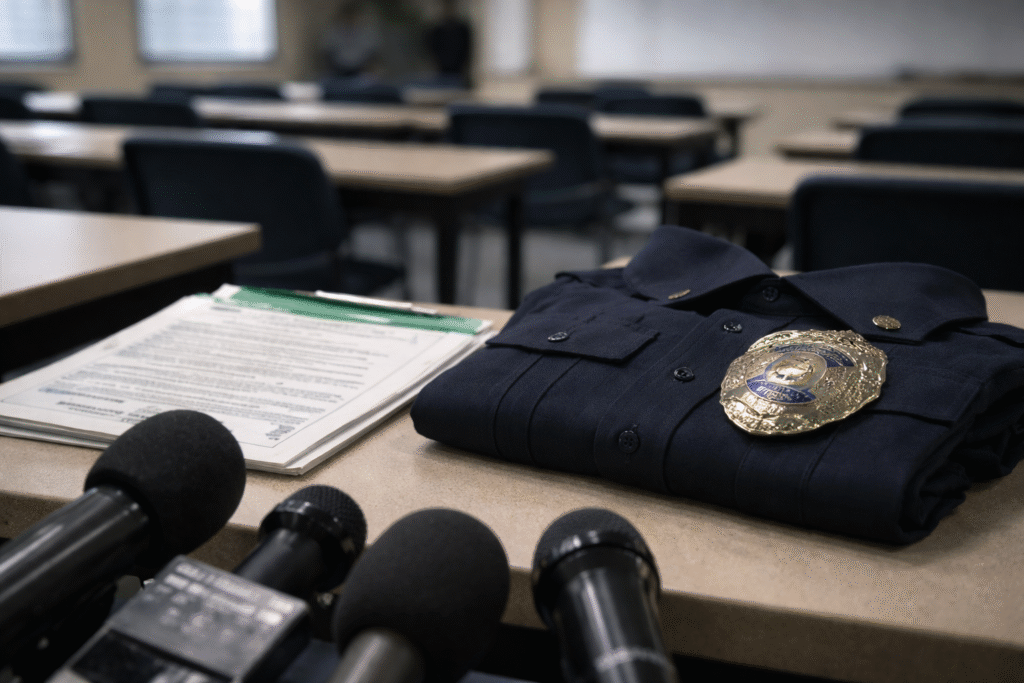 Empty police academy desk with a folded official document and a police uniform badge, surrounded by microphones and press pads, symbolizing immigration enforcement and law enforcement hiring scrutiny.