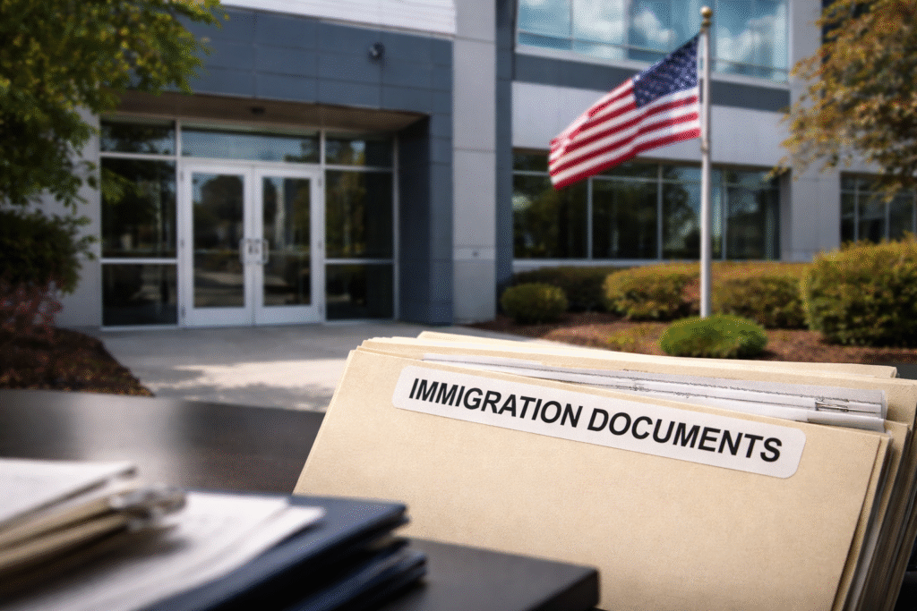 Exterior of an ICE field office with the U.S. flag, and an immigration documents folder inside, representing the arrest of a corrections officer for citizenship fraud.