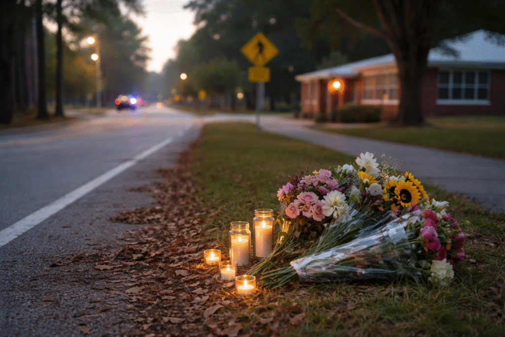 Memorial flowers and candles placed on the roadside near a school entrance in Savannah, Georgia, where a teacher was killed in a crash during an ICE enforcement incident.