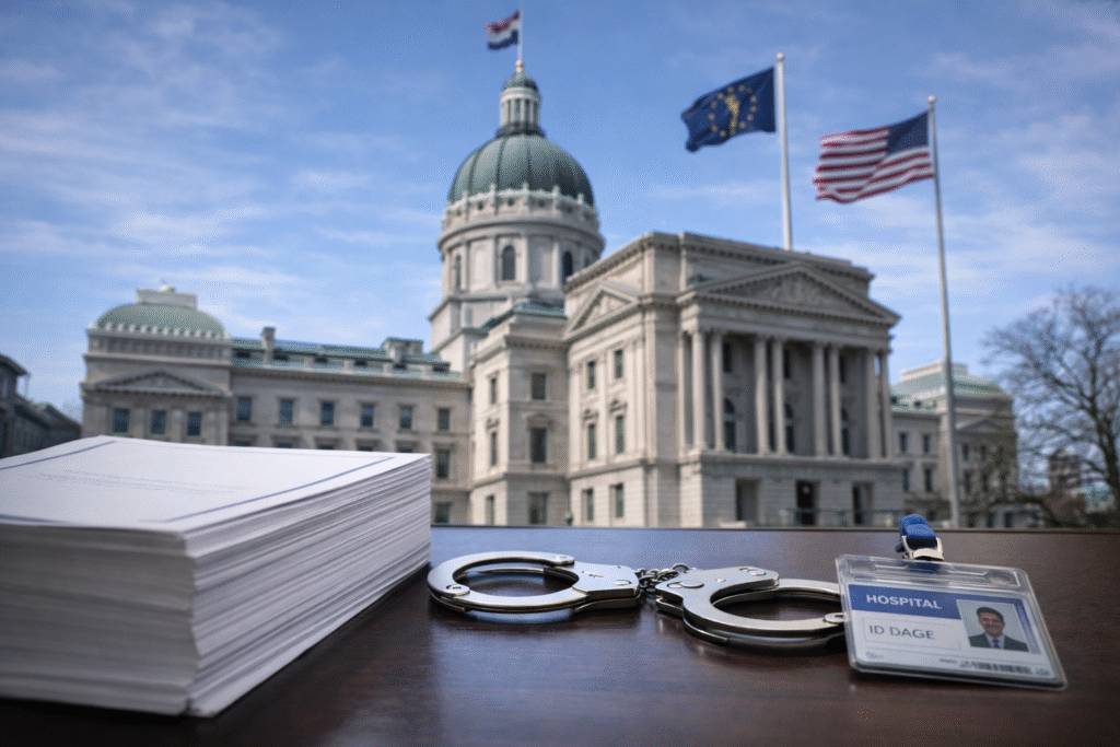 Indiana Statehouse building facade with flags, with a desk in front holding unmarked legislative documents, sheriff’s handcuffs, and a hospital ID badge symbolizing immigration enforcement and compliance.