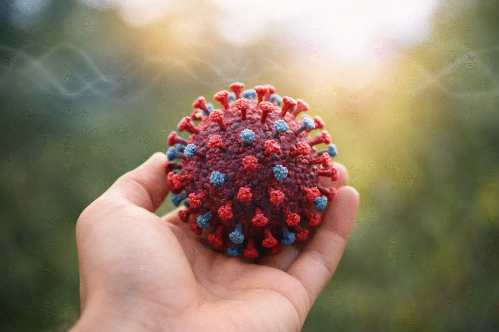 Hand holding a realistic model of an influenza virus particle against a lightly blurred natural background with soft light.