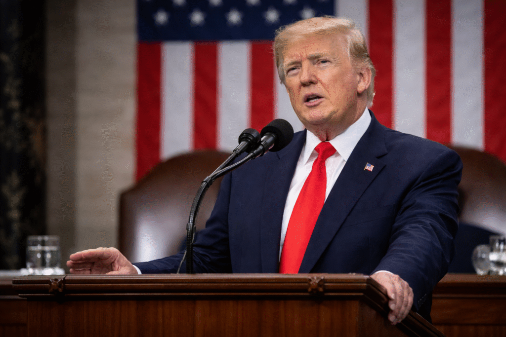 President Donald Trump stands at a podium delivering the State of the Union address, speaking about Iran’s nuclear ambitions.