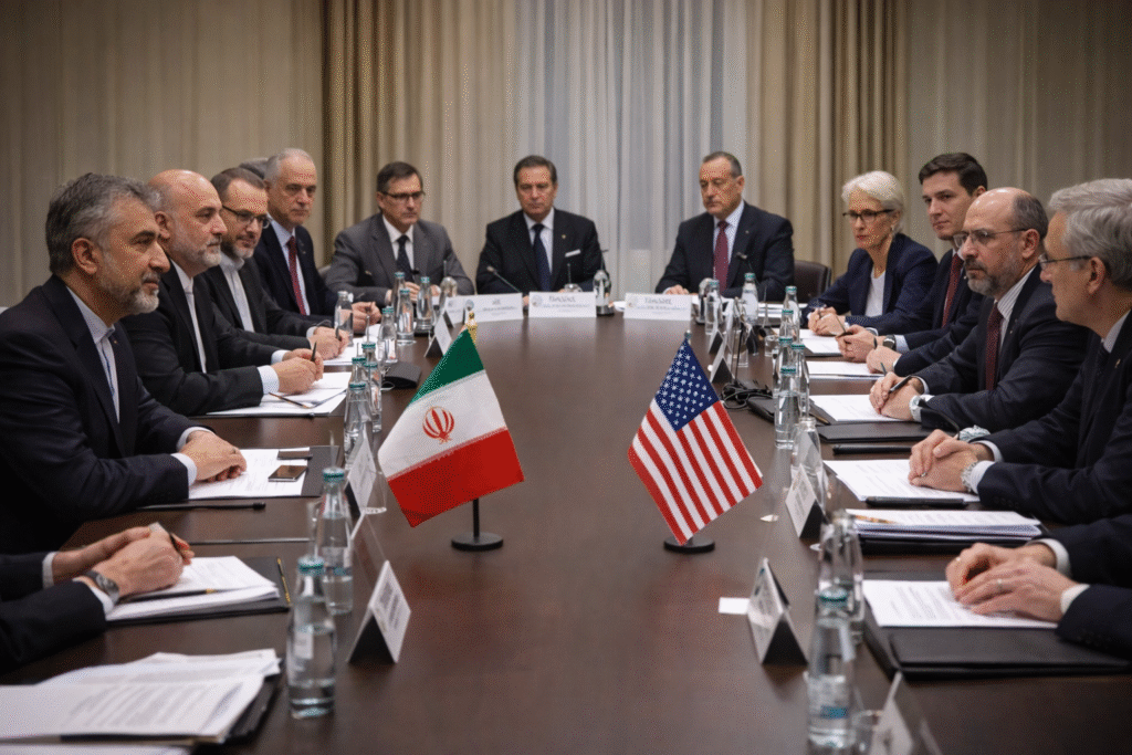 Delegates from Iran, the United States, and the IAEA seated around a conference table in Geneva during nuclear negotiations, illustrating diplomatic talks.