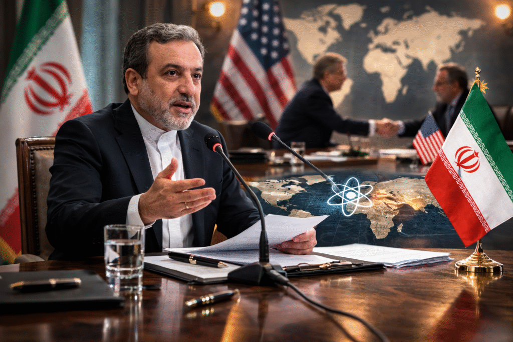 Abbas Araghchi speaking at a conference table with microphones and documents, Iranian flag beside him, and blurred officials and U.S. flag in the background during diplomatic talks.
