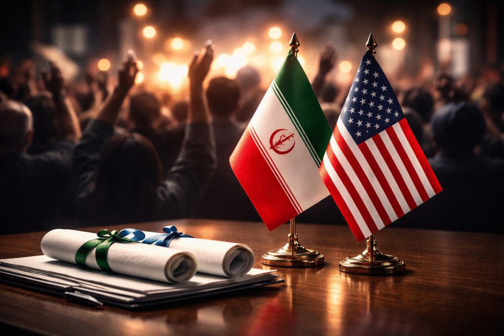 Two small national flags (Iran and United States) lying beside folded diplomatic cables on a table, with blurred protest lights in the background, symbolizing negotiations amid unrest and tension.