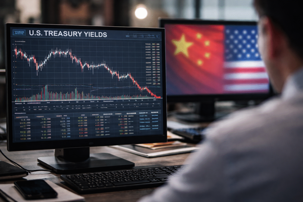 Screens displaying U.S. Treasury bond yield charts and subtle representations of the Chinese and American flags, illustrating debate over China’s Treasury holdings.
