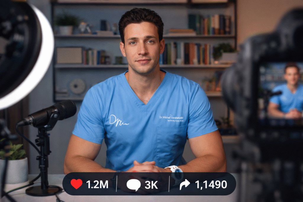 Photograph of a youthful medical professional wearing a white lab coat and stethoscope, looking at a smartphone screen in a casual indoor setting, symbolizing Dr. Mike’s social media presence and efforts against health misinformation.