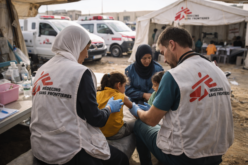 Doctors Without Borders medical staff in a Gaza clinic attending to patients with MSF-branded gear and ambulances visible, illustrating humanitarian medical aid under threat.