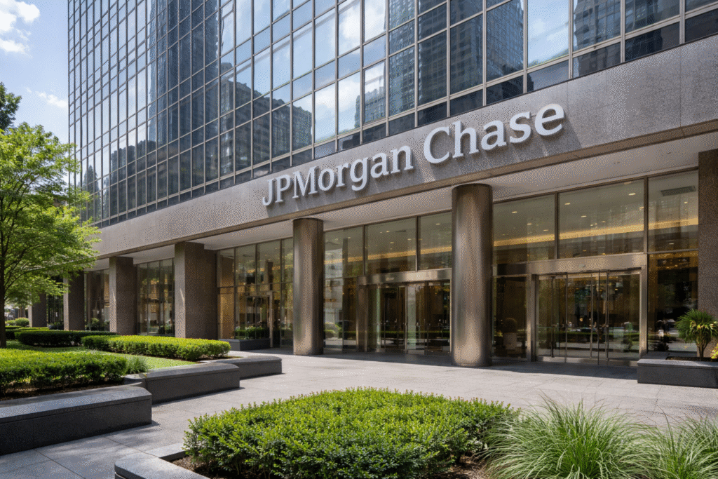 Exterior of a JPMorgan Chase bank building with reflective glass windows under a clear sky.